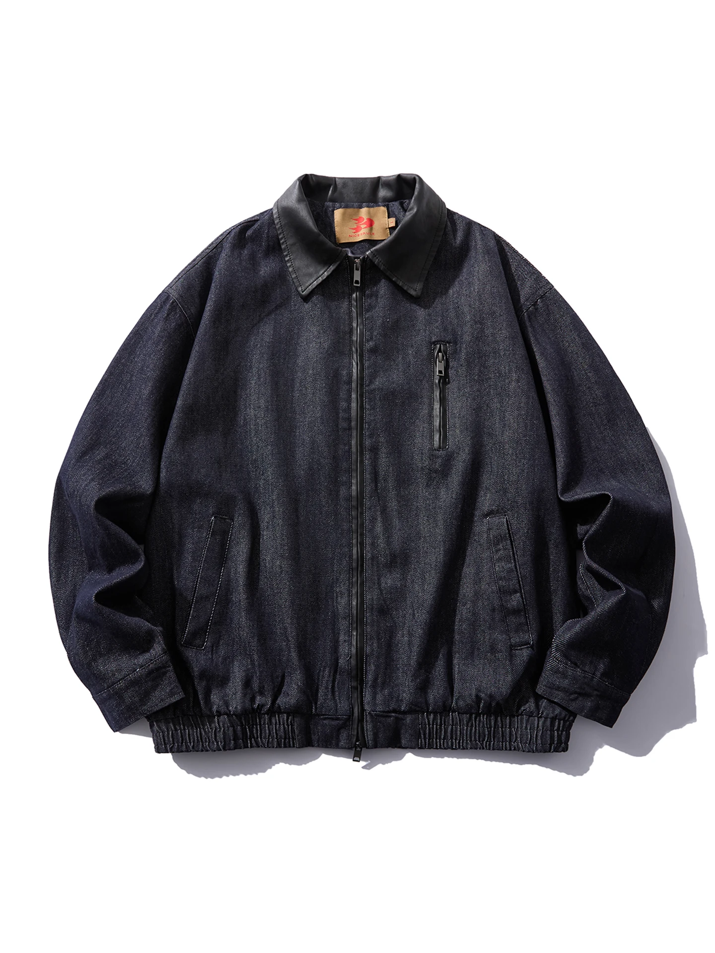 

American Retro Color Blo PU Leather Collar Denim Jaet Spring Clean Fit Multi ket Workwear Coat Youth Trend Loose Fit