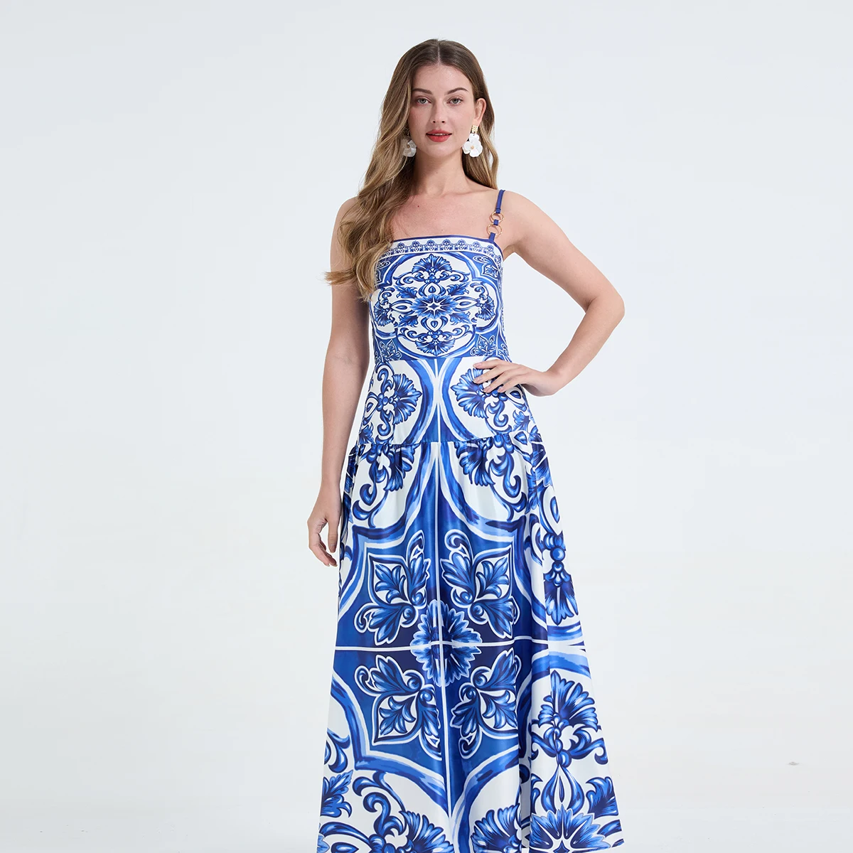 2026 sommer Urlaub Vintage Print Prom Langes Kleid Für Frauen Blau Und Weiß Porzellan Druck Spaghetti Strap Schlank Maxi Vestidos