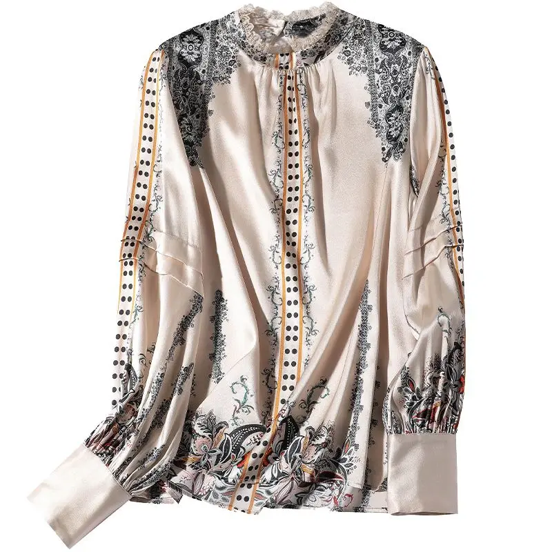 Silk Shirt Women's 2023 Spring New High end French Lace Collar Satin Top with Silk Print Underlay