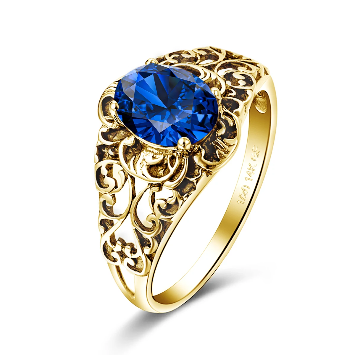 14K Gold Filled Blue Corundum Ring for Women Hollowed-out Pattern Finger Jewelry Non Fading Genuine AU585 k Gold