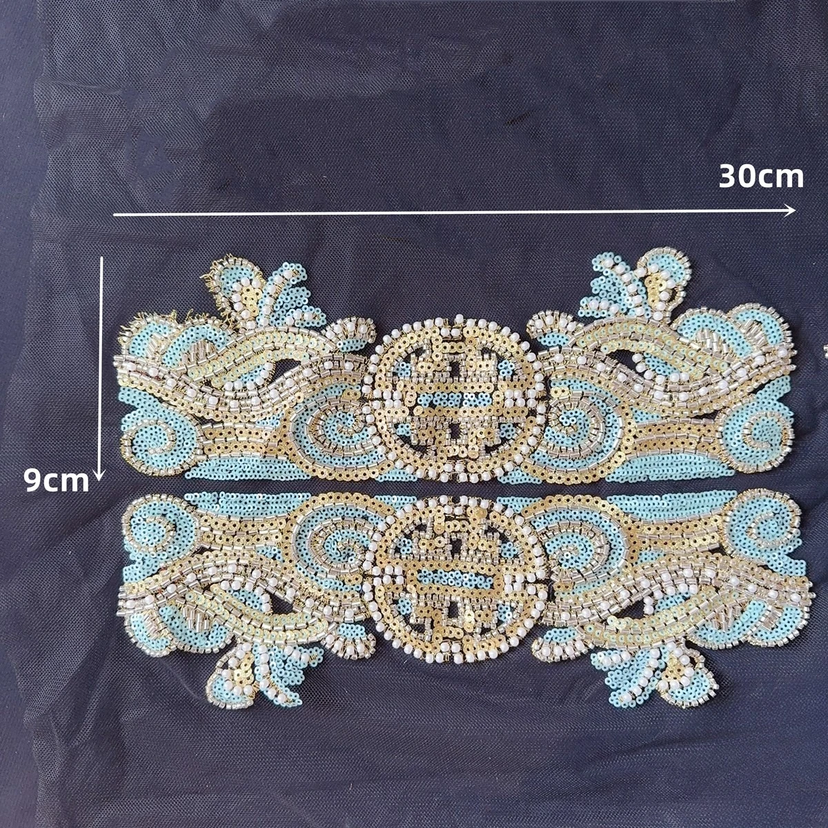 4PCS=1Set Chinese Style Embroidery, Black Background Mesh, Blue Golden Dragon Pearl Bead Lace Applique RS24498