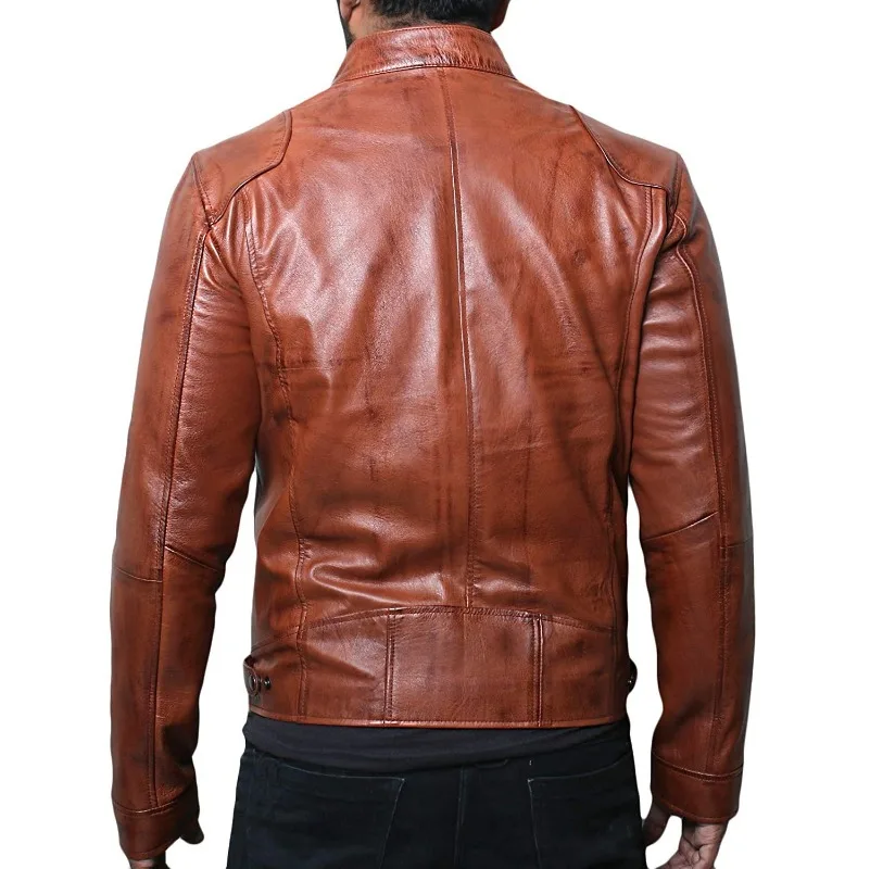 European and American Men's Worn-out Motorcycle Leather Jacket, Men's Youth Stand Up Collar Punk Leather Jacket