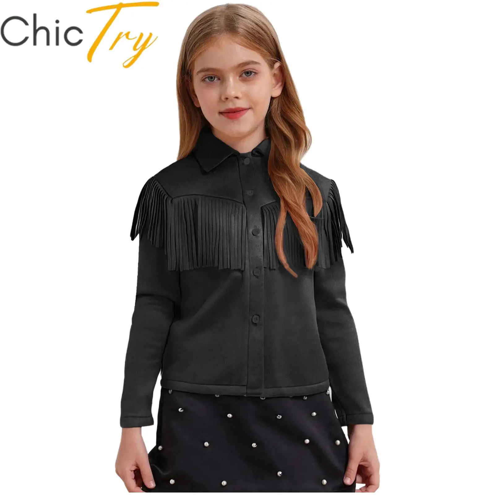 

Kids Boys Girls Western Cowboy Cowgirl Costume Cosplay Outwear Fringe Long Sleeve Top Coat for Halloween Carnival Party Dress Up