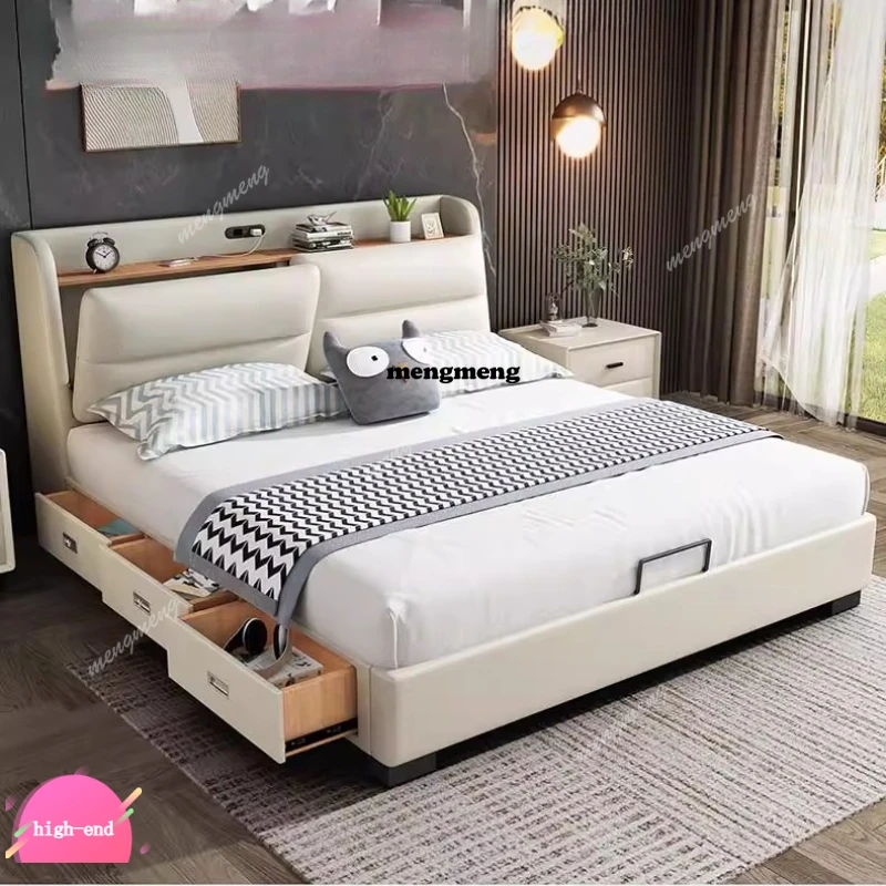 

Multifonction Nordic Bed Leather Minimalist Bedroom Storage Bed Modern Luxury Lit Intelligent Multifonctions House Accessories