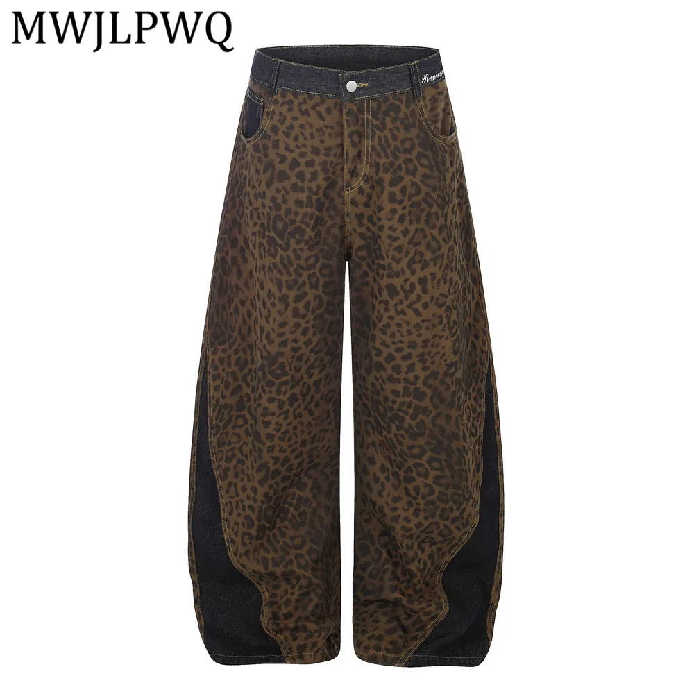 

MWJLPWQ American Retro Leopard Print Wide-Leg Trousers For Men Trendy Color-Blocking Design Embroidery Pockets Loose Pants 15657