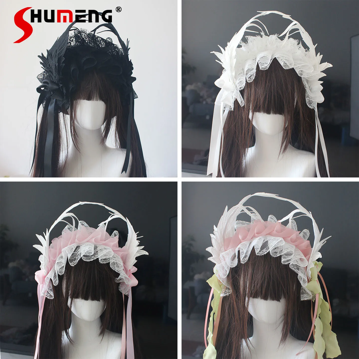 

Милые элегантные аксессуары для волос в стиле Лолиты ручной работы, 3D крылья, кружево в стиле пэчворк, бант на шнуровке, кавайная универсальная повязка для волос для женщин, головные уборы