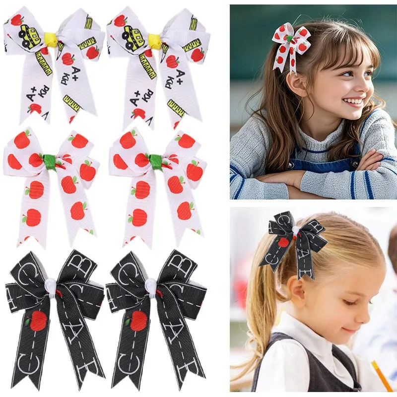 60個入りベビーヘアクリップセット-女の子用-新学期-鉛筆プリント＆リンゴ柄リボンヘアピン-子供用ヘアアクセサリー