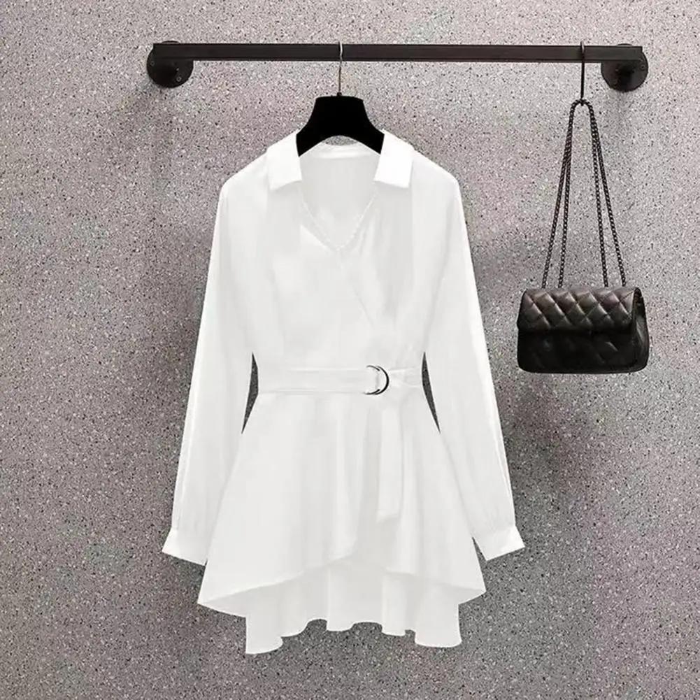 Women's Shirt Lapel V Neck Long Sleeves Irregular Hem Plus Size Waist Tight Adjustable Belt Pullover Shirt Female Clothing