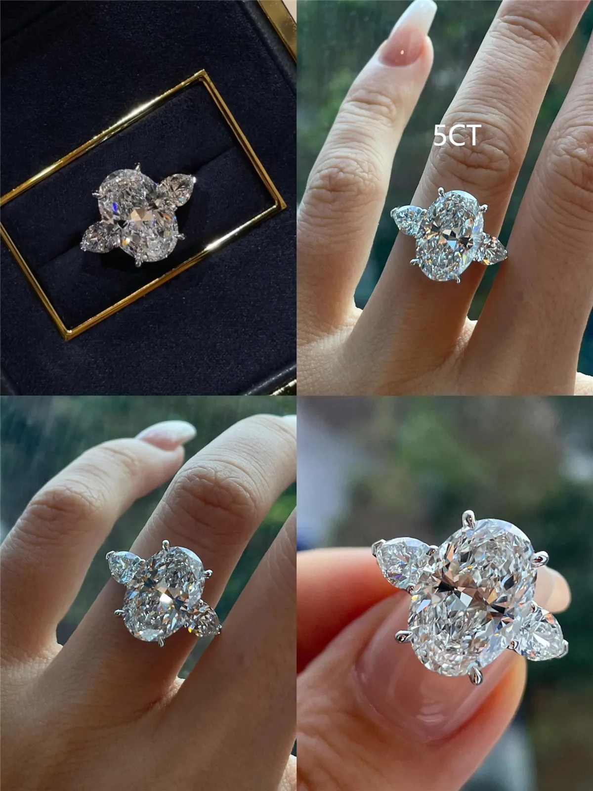 PT950 Platinum Diamond Ring with Lab-Grown 3CT Oval Three-Stone Pear-Shaped Diamond, 14K Gold Wedding Ring, High-End Jewelry Cus view 6