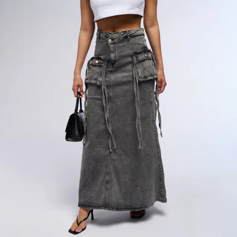 

Vintage Black Denim Skirts Women Jean Long Y2K Punk Pockets Summer High Waist Slit Gothic Grunge Harajuku Woman Streetwear Skirt