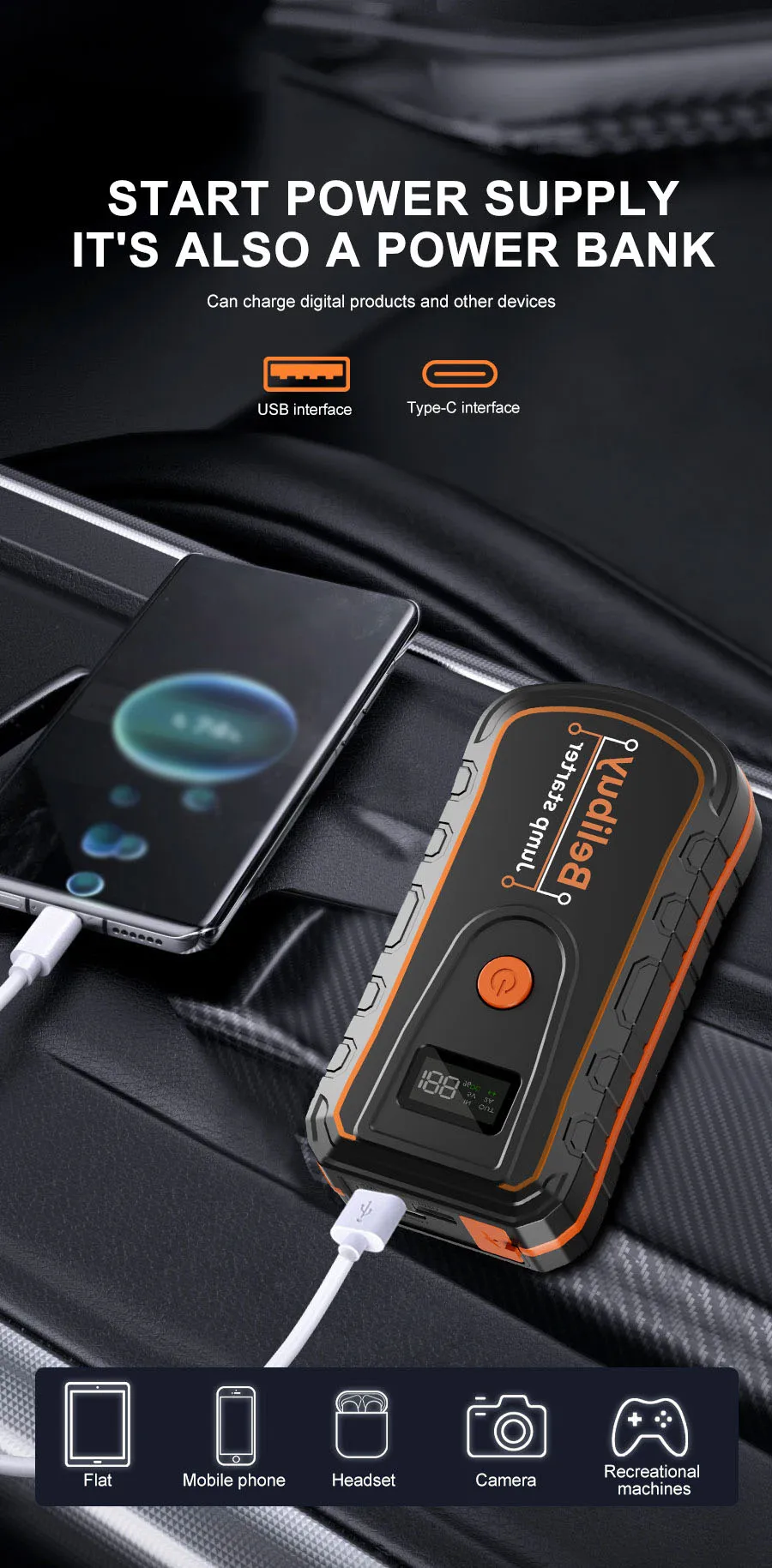 12V Auto-Starthilfe, Tragbare Notfall-Starter-Powerbank, Auto-Batterie-Booster, Autoelektronik-Zubehör für Notfälle – Detail 5