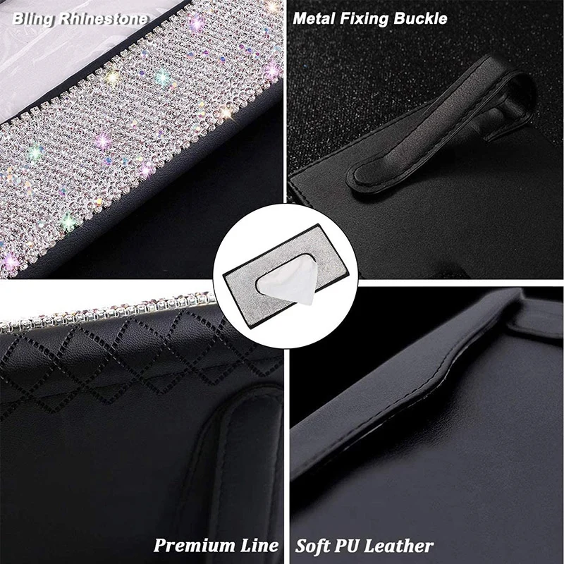 Bling Car Visor Tissue Holder Leather Crystal Sun Visor Paper Case & Bling Car Back Seat Headrest Holder Hooks For Women