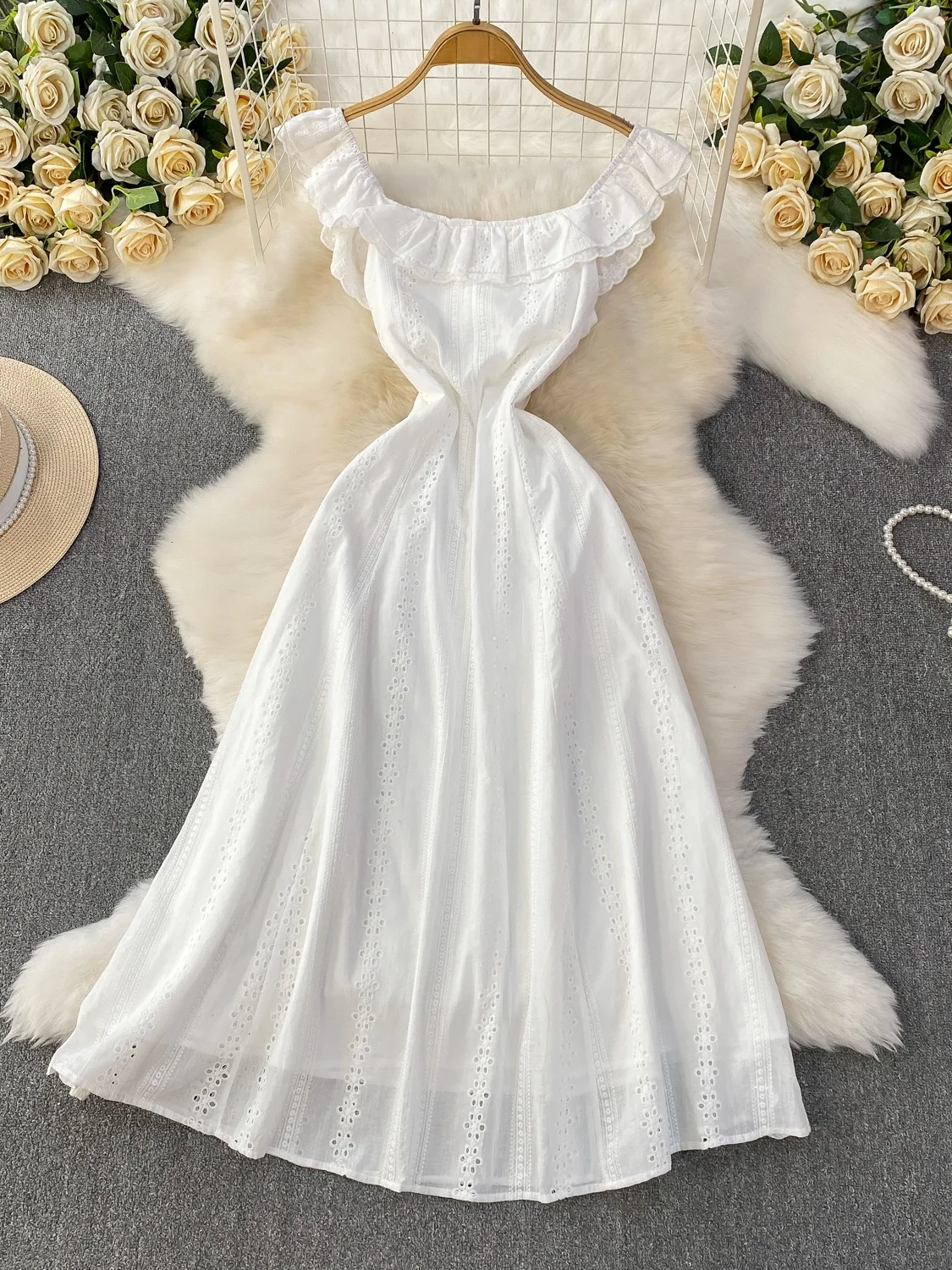 White Summer Fairy T Long Dr High Waist Hollow out Hook Embroidery Square Collar Women's Dr A-Line Silhouette Maxi D...