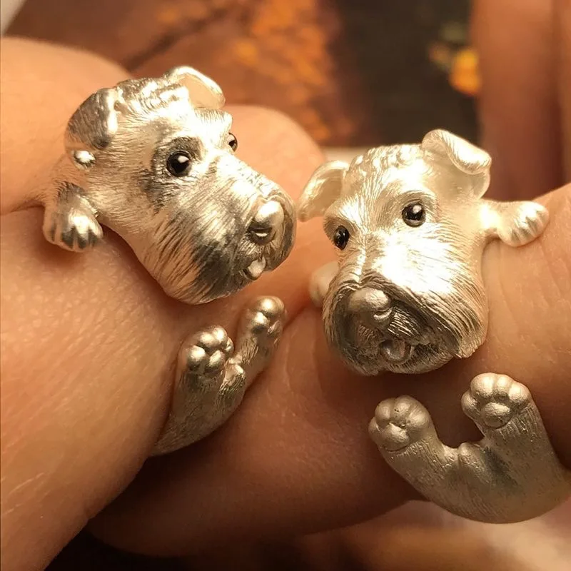 3D Lively and Cute Schnauzer Ring Necklace Simulated Living Schnauzer Dog Animal Ring A Puppy Lying on Its Fingers Accessories