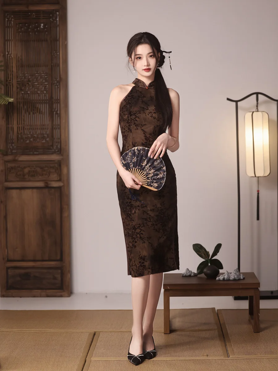 Cheongsam Chinese Style Vintage Sexy Sleeveless Dress Women Elegant Mandarin Collar Long Qipao