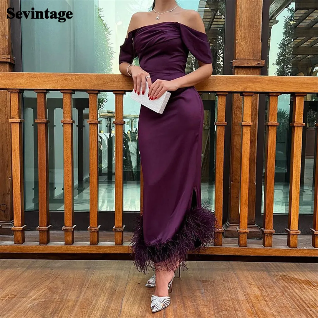 

Sevintage Purple Satin Saudi Arabia Evening Dresses Feathers Off The Shoulder Women Formal Prom Gowns Ankle-Length Party Dress