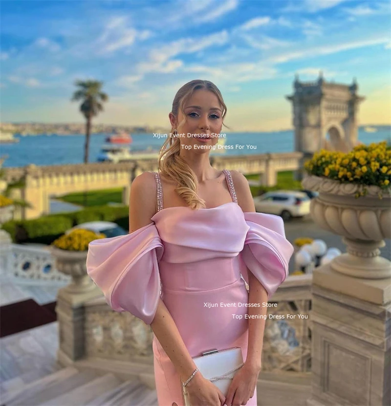 Xijun Blush Pink Mermaid Evening Dresses Sleeves Off The Shoulder Ankle Length Prom Dresses Side Slit Formal Prom Gowns 2024