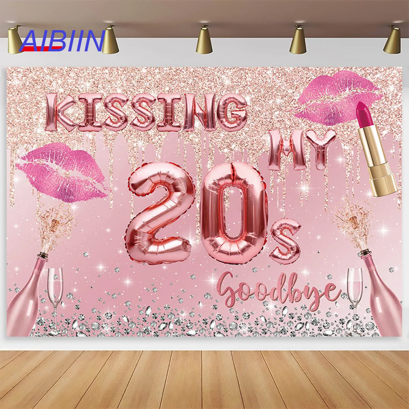 Kissing My 20s Goodbye Happy Birthday Backdrop Diamond Balloons Lipsticks Photography Background Women 30th Party Decor Banner