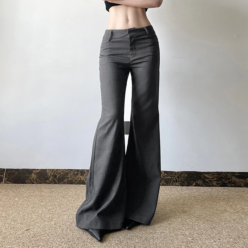 Office Ladies Basic Slim-fitting Solid Suitpants Y2K Elegant Fashion Low-Waisted Flare Pants Women 2025 Autumn Spring Trousers