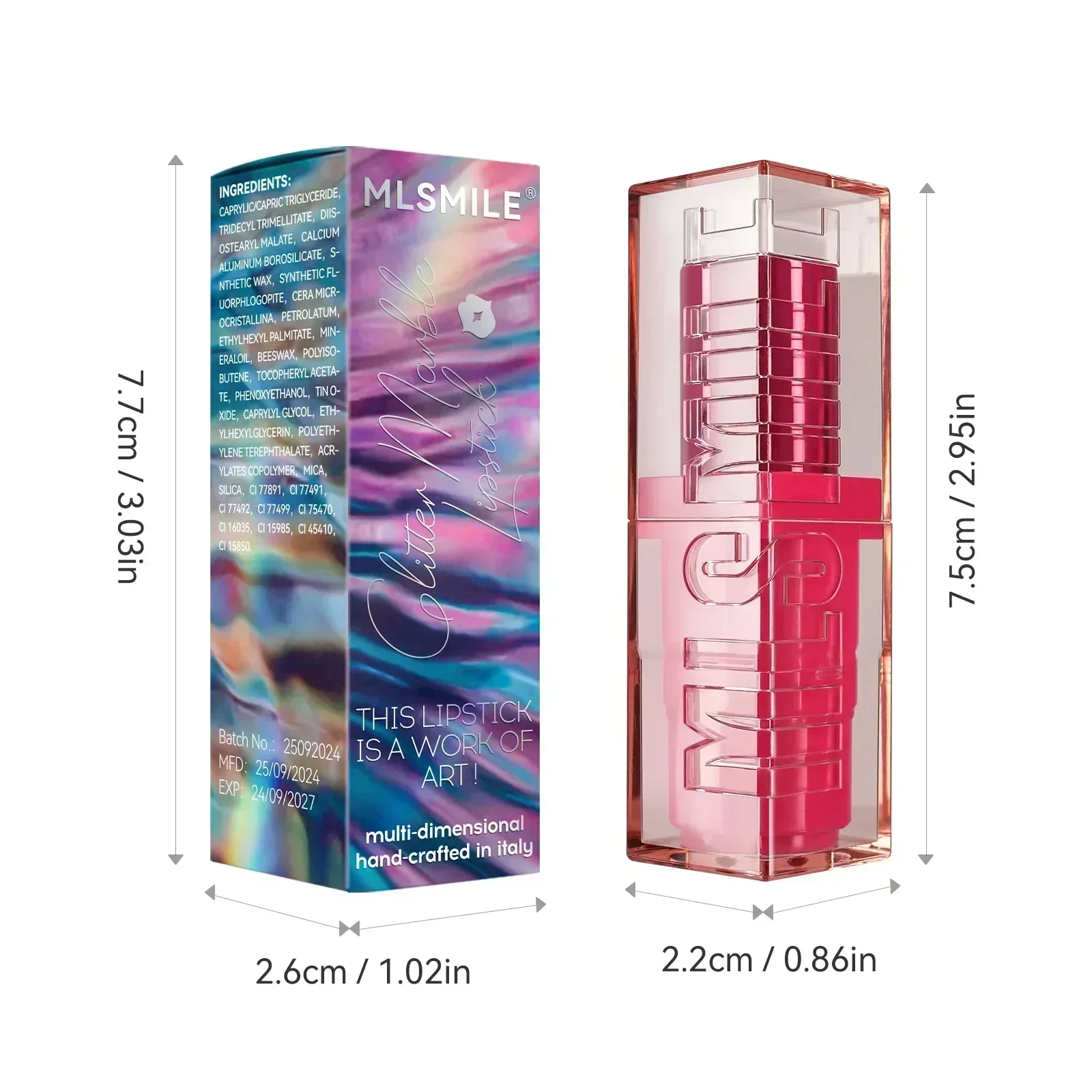 MLSMILE 4 Color Glitter Marble Lipstick Shine Gloss Moisturizing Waterproof Fashion Design Professional Lipstick 2.6g