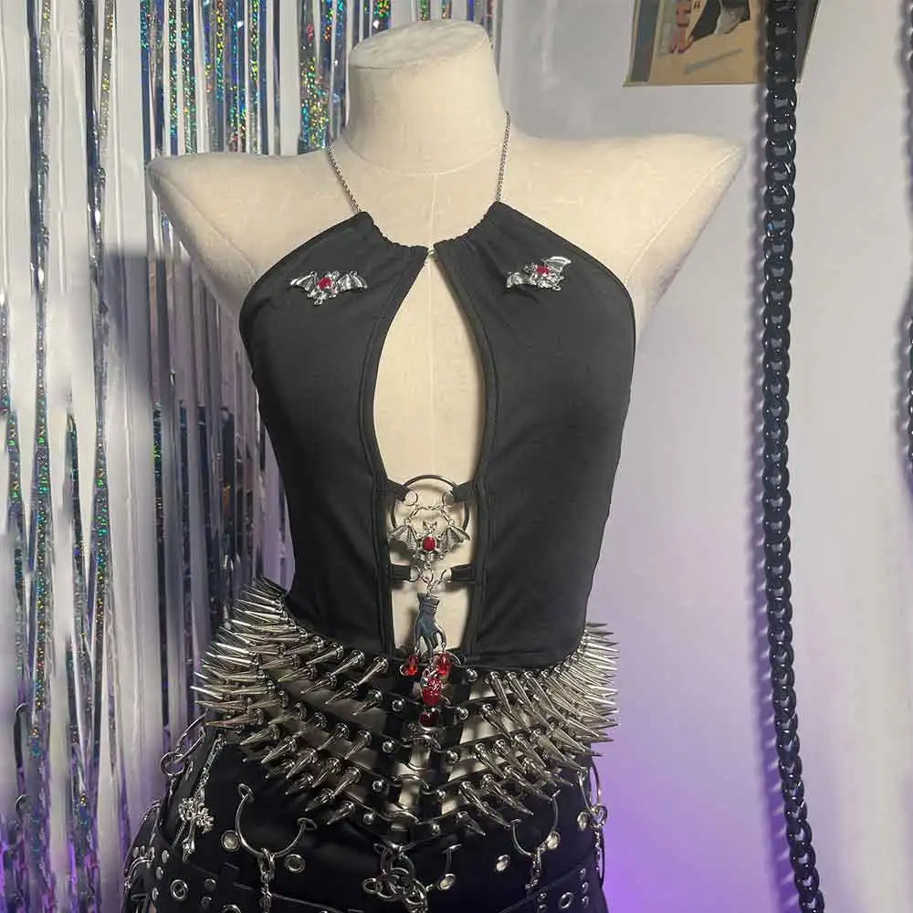 

Fashion Revival Grunge Bat Street Wear Y2K Halter Camisole TOPS Emo Harajuku Rave Outfits Glitch Core Punk Rock E-Girls Goth