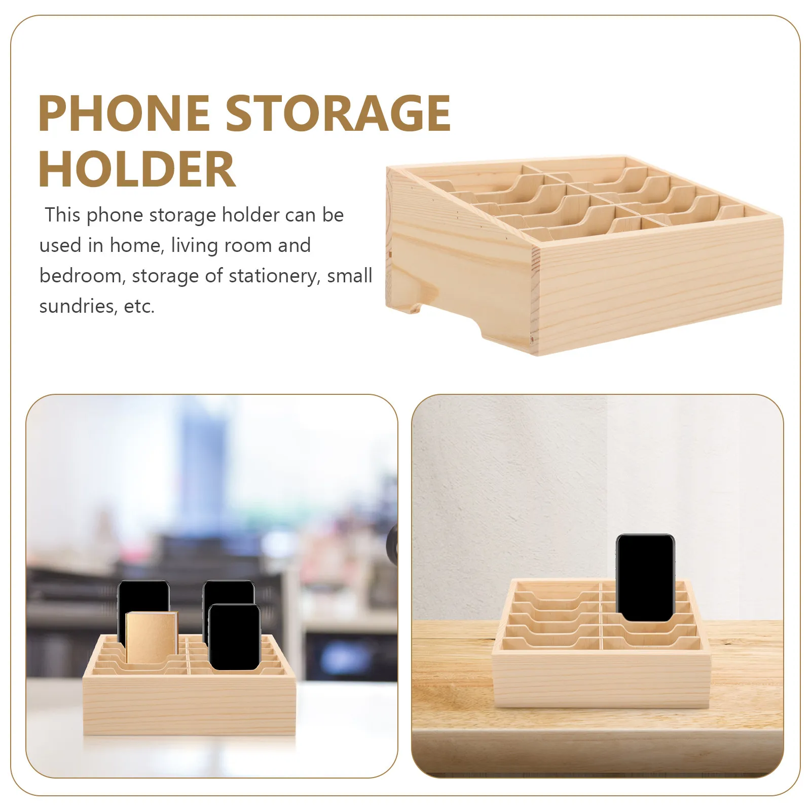 Rustic Style Wooden Desktop Mobile Phone Organizing Box Multi Compartment Cell Phone Storage Case for Study Room Home Living