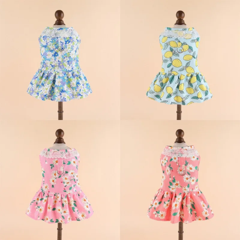 Ropa para perros, estilo fino de primavera y verano con cuerda de tracción, vestido para perros pequeños y gatos como Teddy, Bichón Frisé, Pomerania