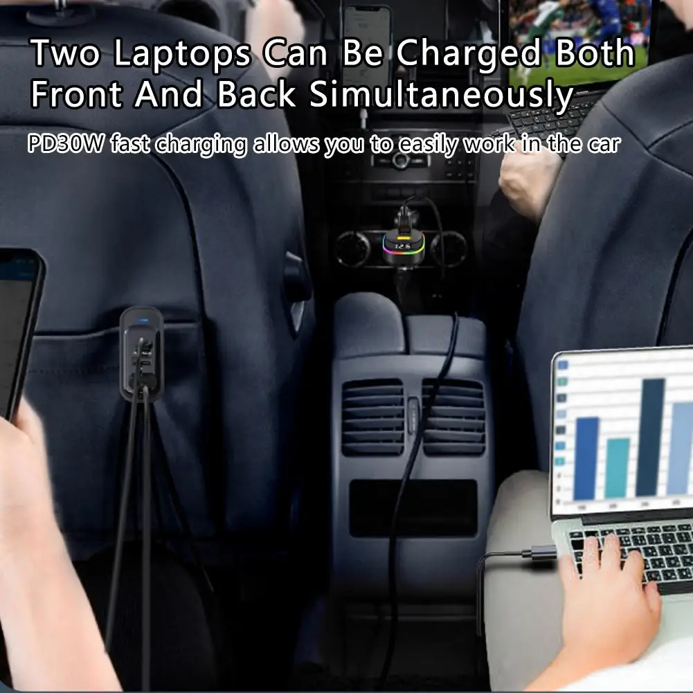 6-Ports USB Type-C شاحن سيارة أمامي وخلفي مع ضوء RGB PD شحن سريع محول الطاقة آيفون اللوحي اللفة G7C4