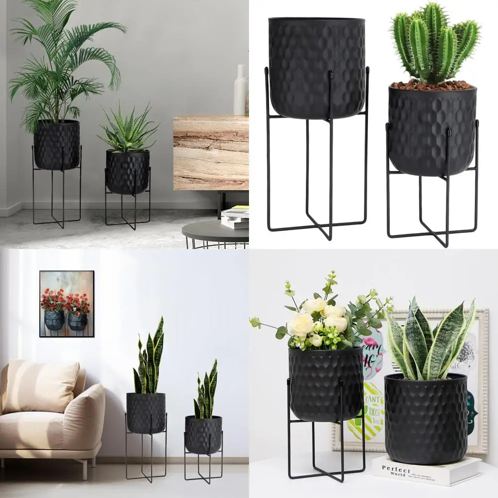

Set of 2 Metal Planters with Stand, Indoor/Outdoor, 8 & 7 Pots for Home and Garden Decor (Black)