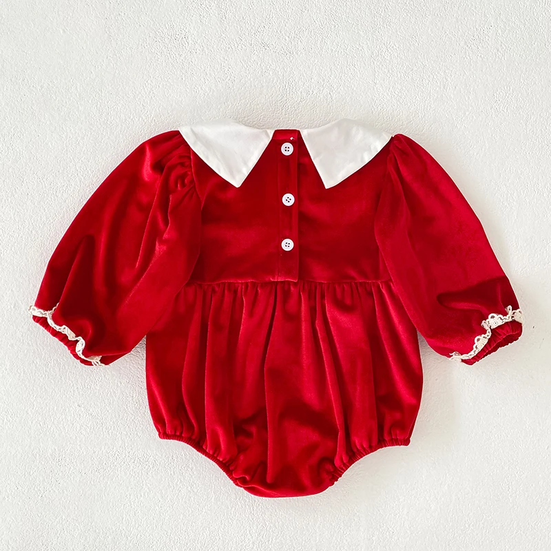 Baby Mädchen Roter Samt-Body mit Schleife Langarm Neugeborenen Party Geburtstags-Outfit Herbst Weihnachten Süßer Baby-Strampler 0-24M – Detail 5