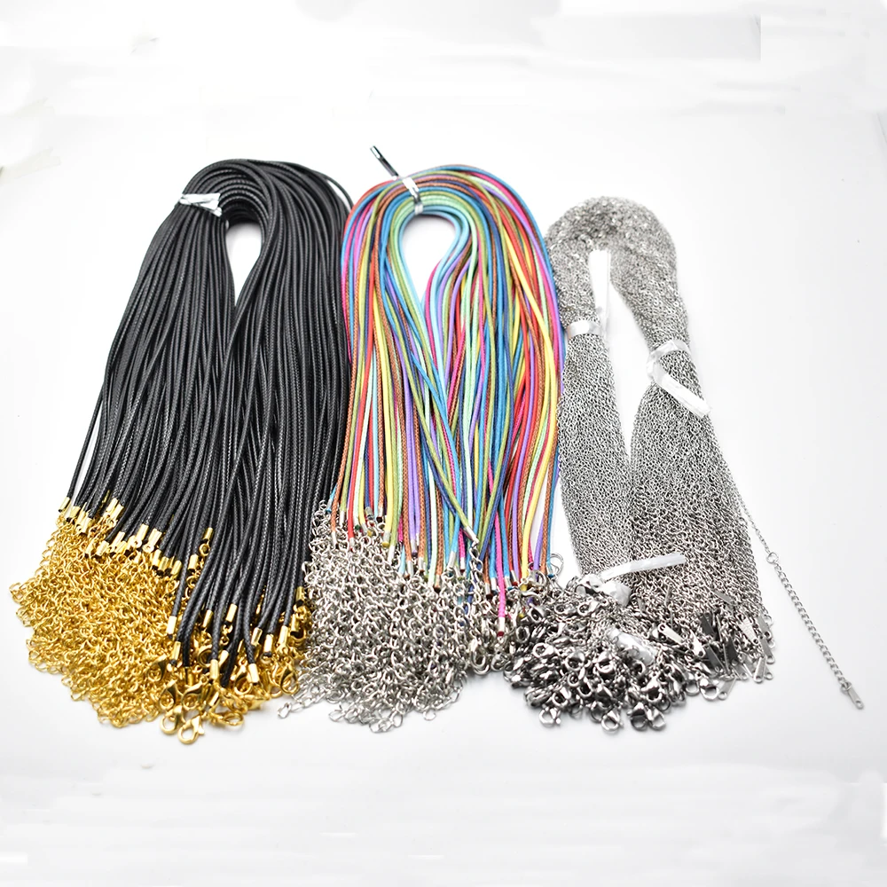 

Fashion 2.0MM 45cm 60cm stainless steel or black Wax rope lobster clasp necklace lanyard Jewelry pendant cords 100pc