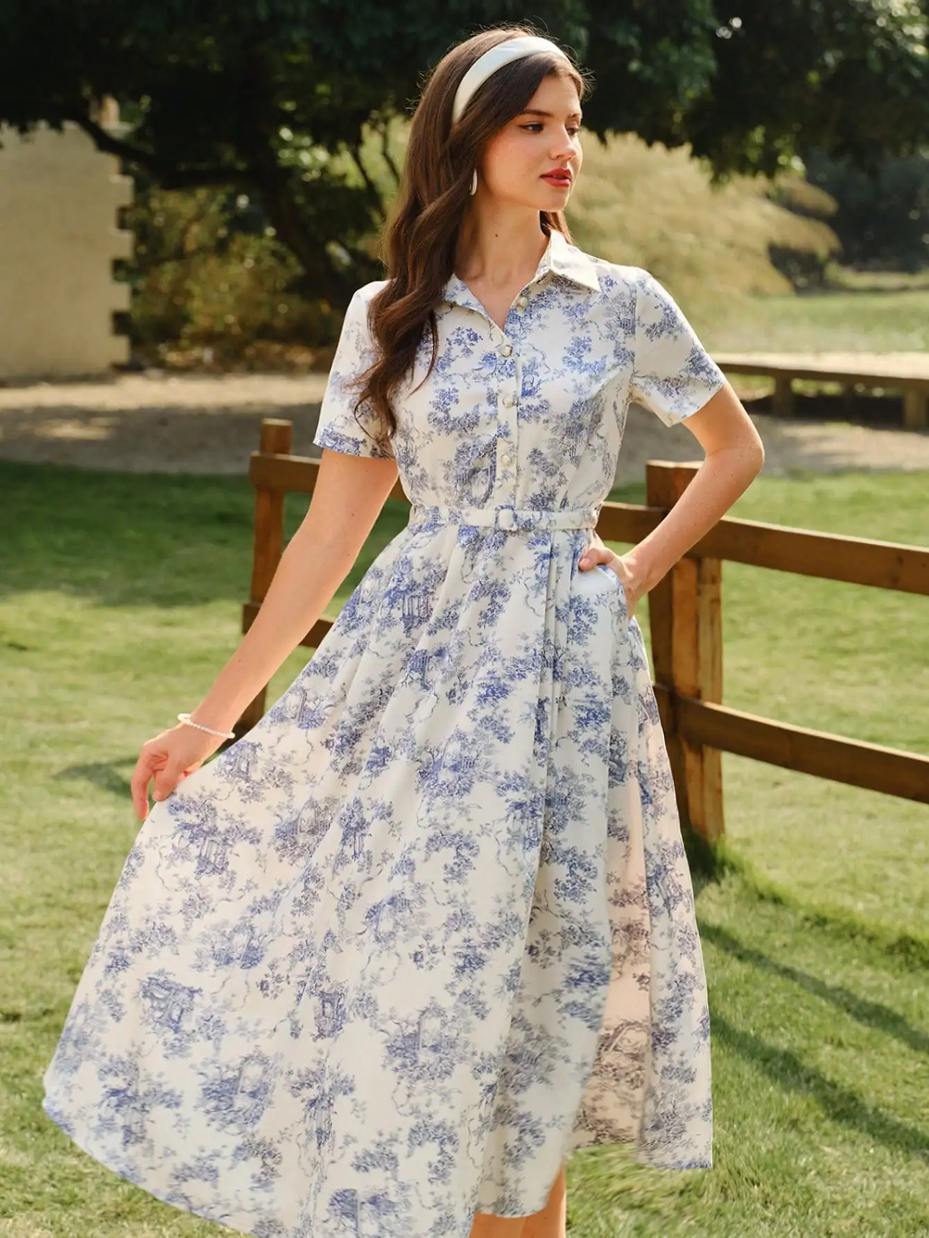 

Винтажное платье-рубашка с цветочным принтом, поясом и карманами, летнее женское платье А-силуэта