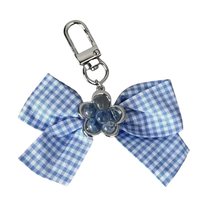 Blue Floral Bowknot Adornment for Keyring and Phone Fashionable Butterfly Knot Key Chain Checked Bowtie Charm Keyring