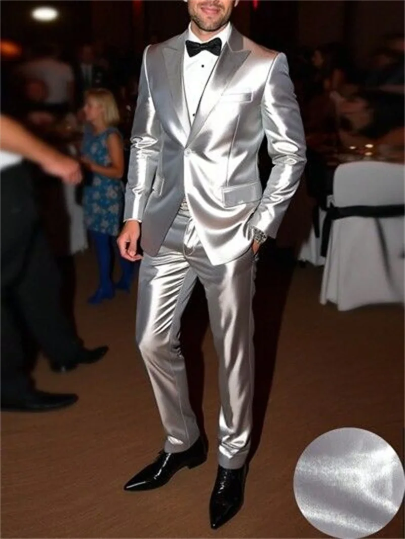 

Silver Satin Men Suit Set 2 Pcs Groom Blazer+Pants Trousers Luxury Formal Office Coat Wedding Tuxedo Customized Jacket Outfit