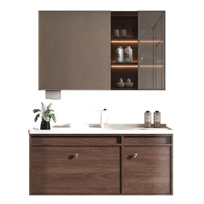 Medieval ceramic integrated basin, walnut color bathroom cabinet, bathroom, face washing, hand washing and washing combination