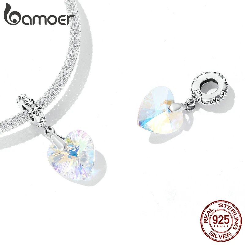 Bamoer Authentic 925 Sterling Silver Brilliant  Glass Heart Pendant fit DIY Making Charms Bracelet & Bangle Fine Jewelry