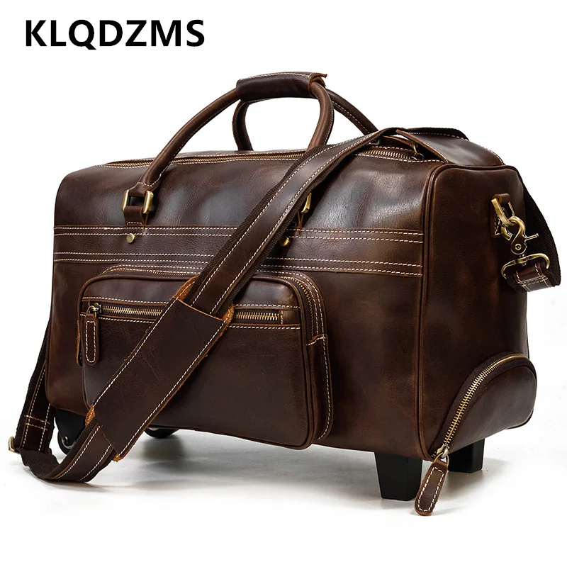 Klqdzms 22 "Polegada mala masculina de couro retro trole sacos grande capacidade saco viagem negócios 22 Polegada bagagem cabine rolando