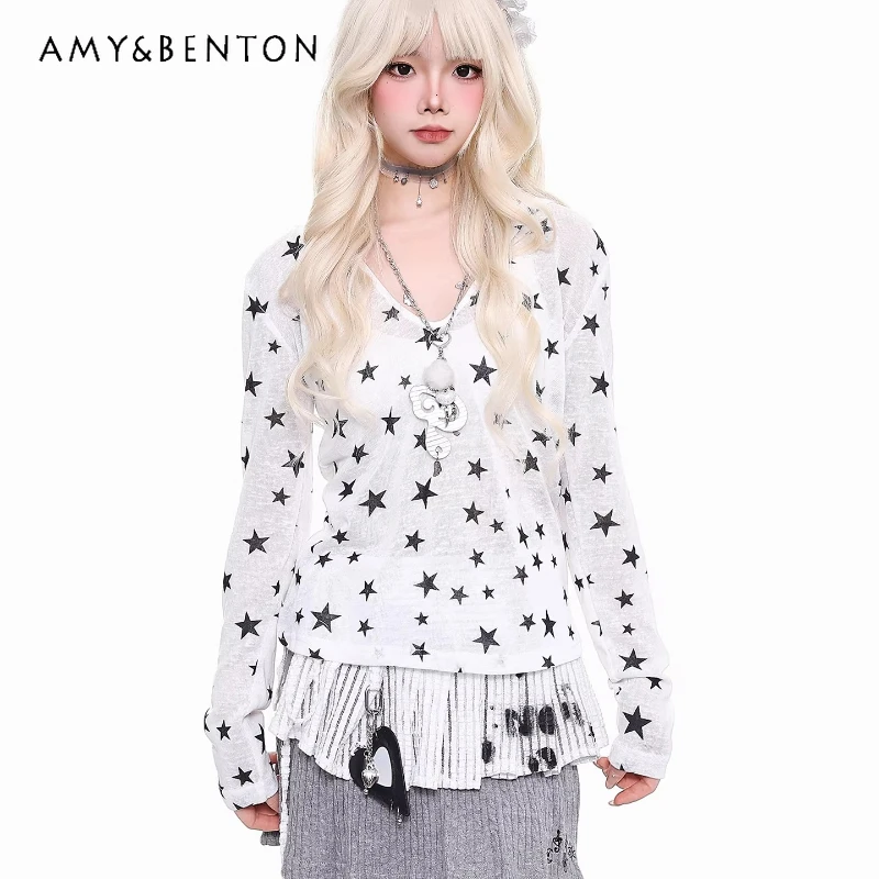 

2026 Spring New White Star Print Women's Bottoming Shirt Japanese Design Sweet Cool Cute Versatile Long Sleeve T-Shirts Ladies