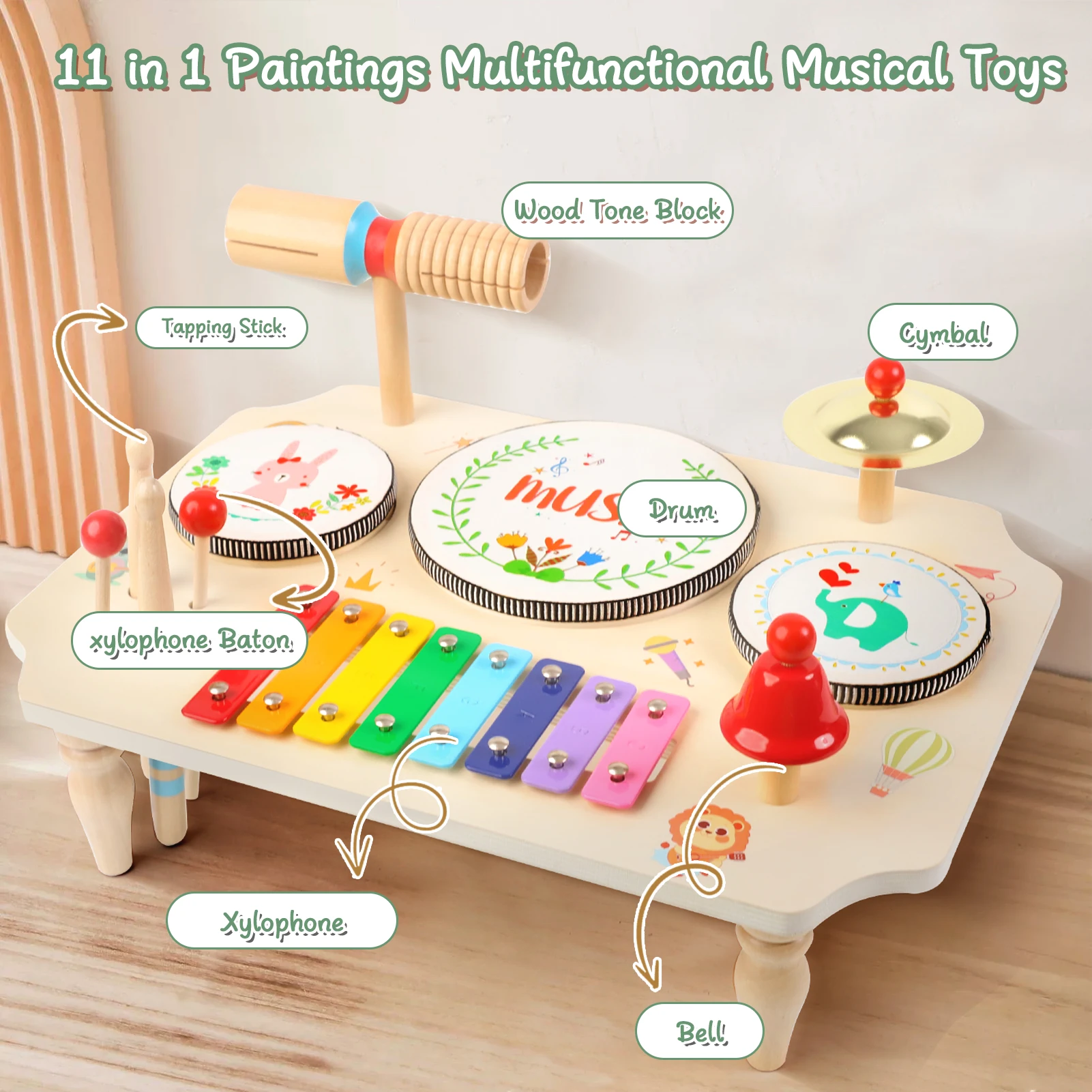 Kit de batterie pour enfants, instruments de musique multi-en 1 pour enfants de 1 2 3 ans avec xylophone, jouet bébé Montessori, pour enfants à