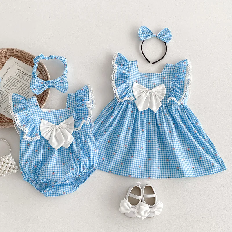 2024 Blue Plaid Toddler Girl Romper Sleeveless Cotton Kids Dresses for Girls Floral Printing Children Baby Kid Jumpsuit Clothing