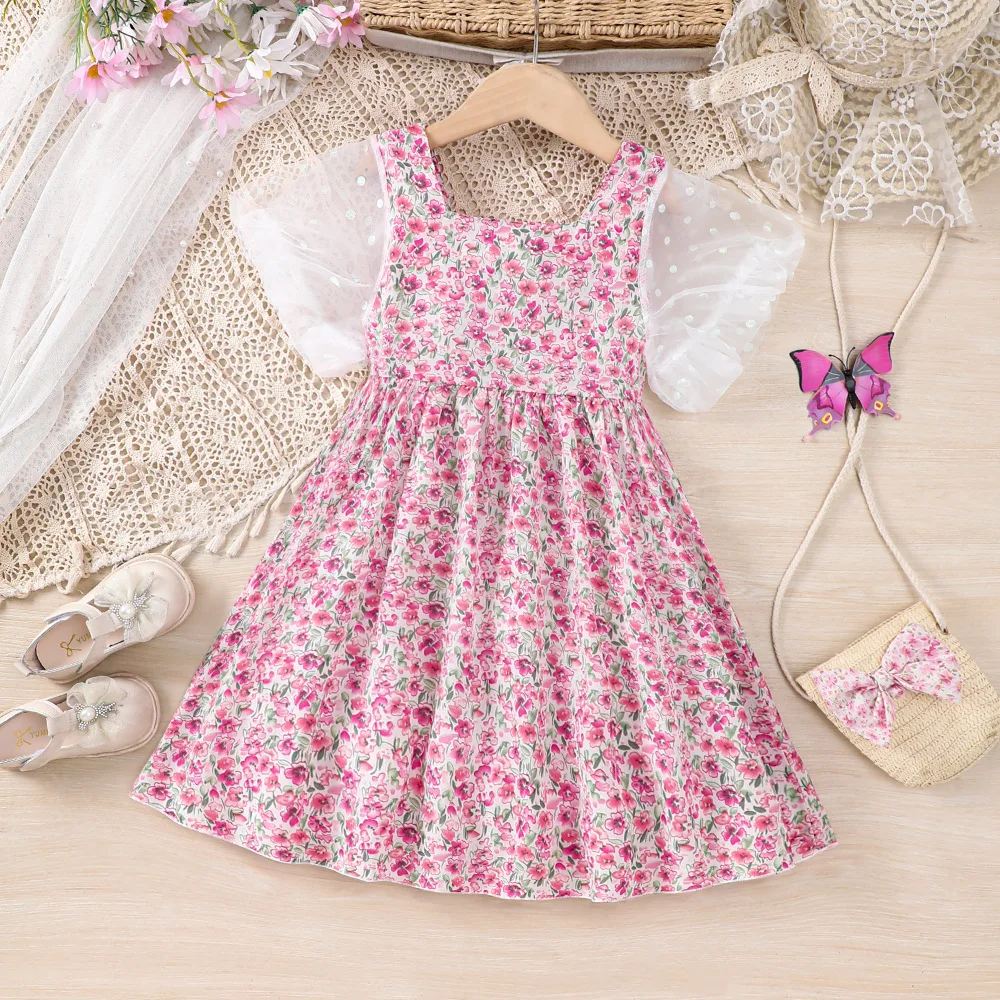 

2024 Summer New Arrival Girls Short Sleeve O Neck Print Floral Pink Designer Cute Party Princess Dress Custume 18M-7T