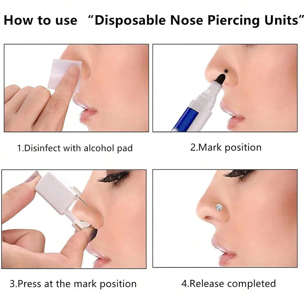 4Pcs Nose Piercing Kit With Nose Stud, 1 Nose Piercing Gun, Disposable Nose Piercing Kit With Straight L-Shape Nose Rings Stud