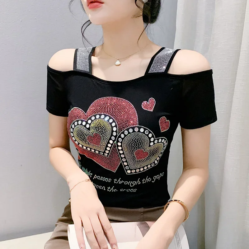 Elegant Slim Hot Drilling Luxury Tee Tops New 2025 Summer Short Sleeved Off The Shoulder Women's T-Shirt