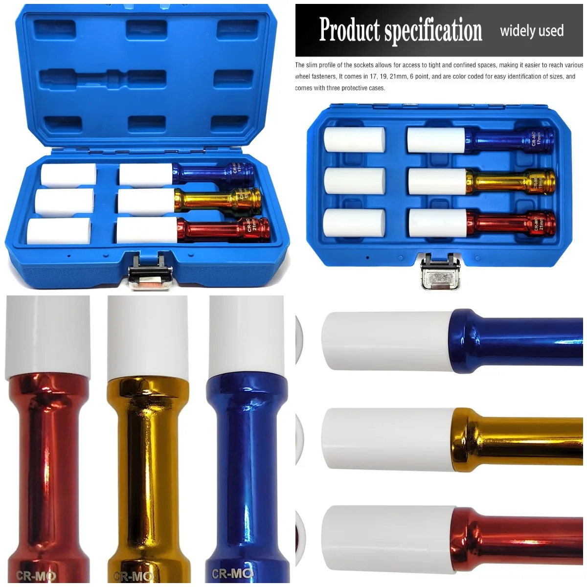 

3Pcs 1/2' Impact Lug Nut Socket Set, 17mm, 19mm, 21mm, Non-marring Deep Socket