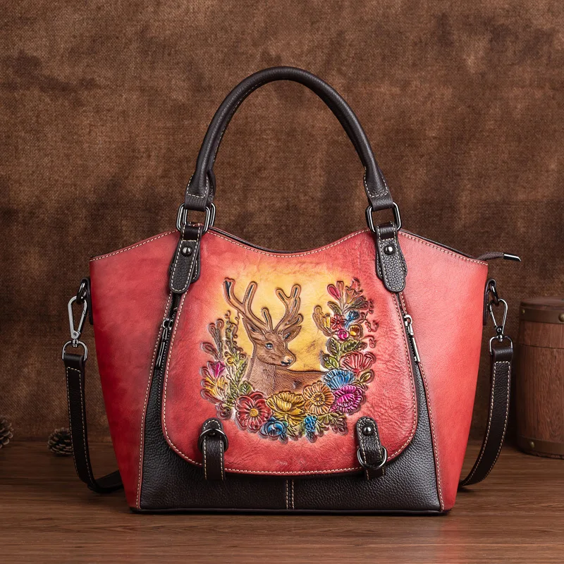 Johnature Genuine Leather 2024 New Luxury Handbags Women Bags Designer Vintage Embossed First Layer Cowhide Female Shoulder Bags