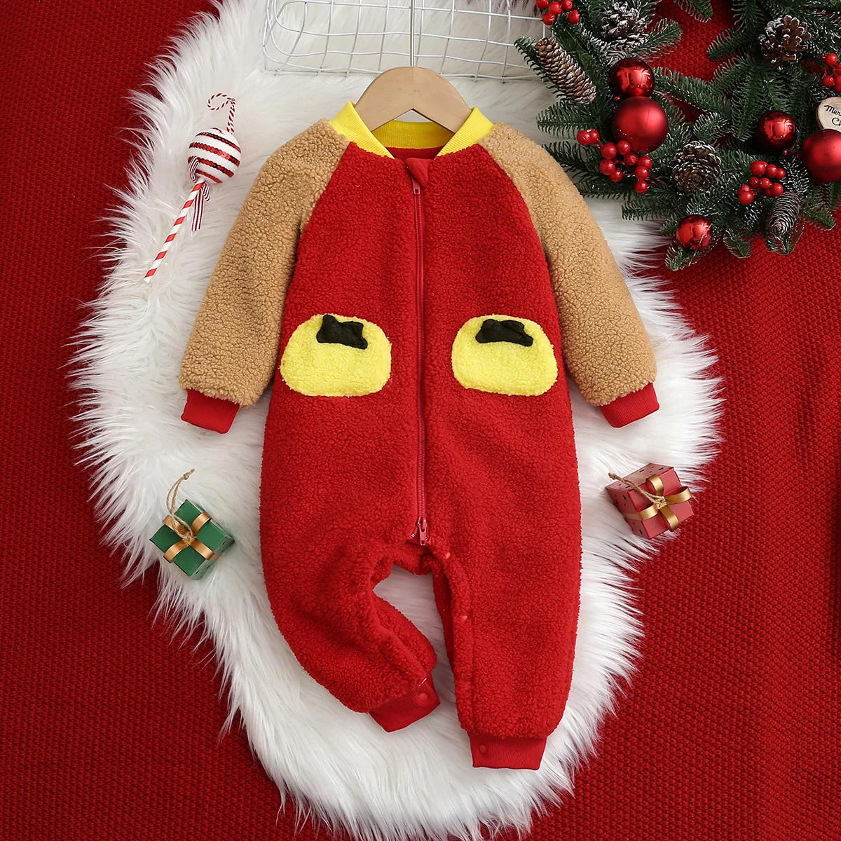 

Red Plush Romper for Baby Boys Holiday Edition Soft Snug One-Piece Suit for Infants