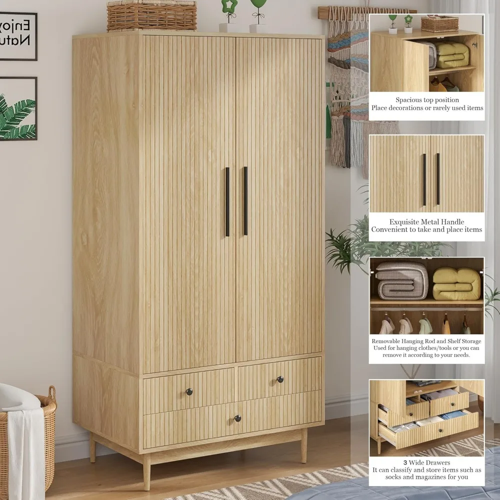 Wardrobe Wardrobe with 2 recessed doors, 64.96 "wooden storage closet with hanging rods and shelves, wardrobe cabinet, 3 drawers