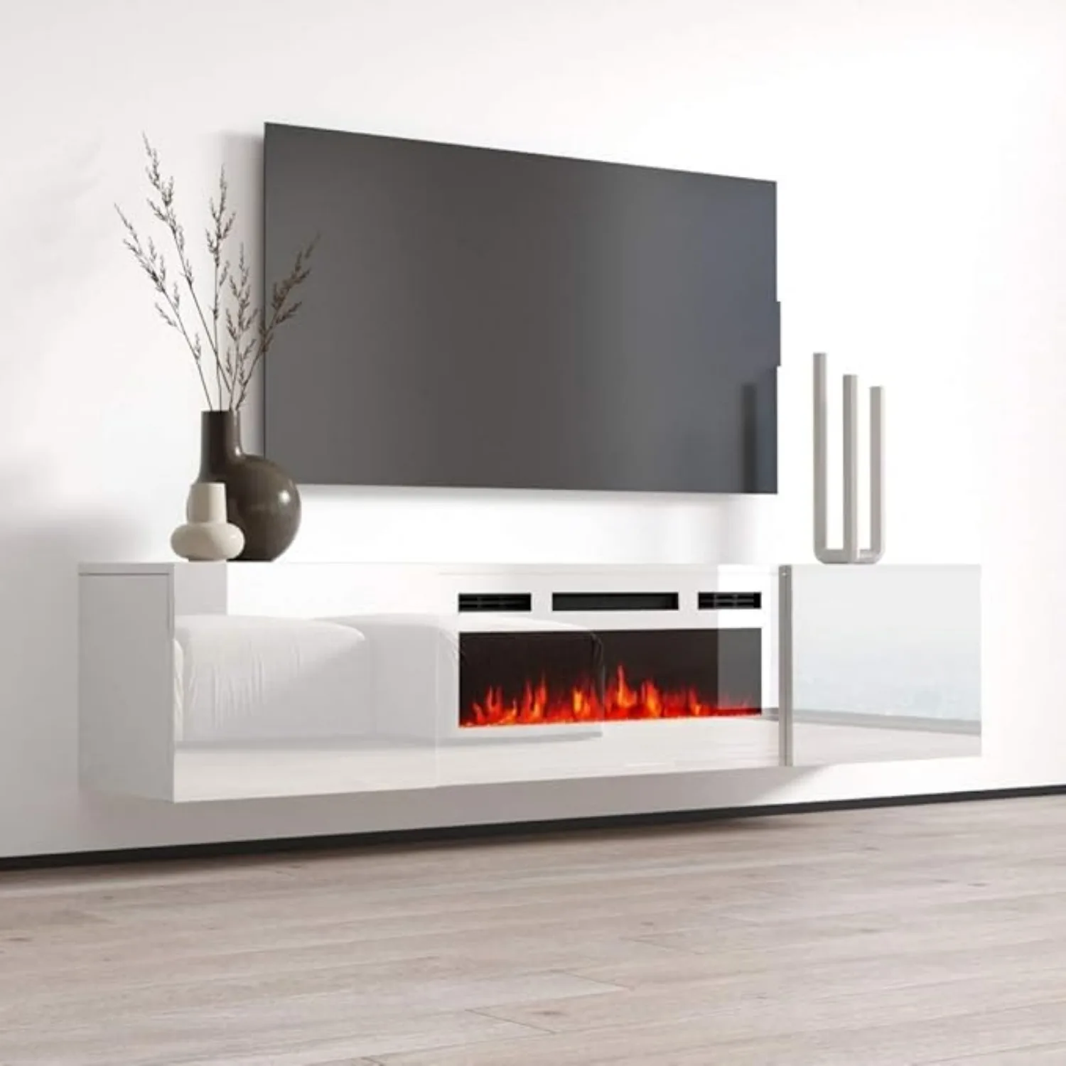 Flutuante lareira TV Stand, parede elétrica lareira com armários de armazenamento, moderno alto brilho 72 no Entertainment Center