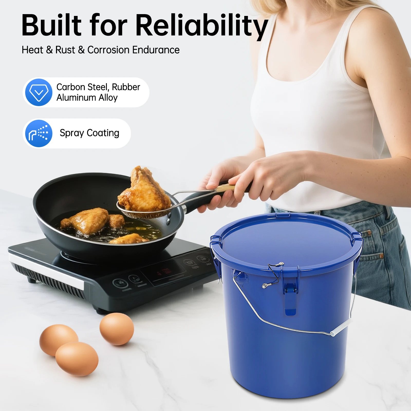 

Oil Container, 6 Gal Blue Oil Bucket for Kitchen Frying Oil, Carbon Steel Oil Storage Can with Lid for Filtering, Transporting