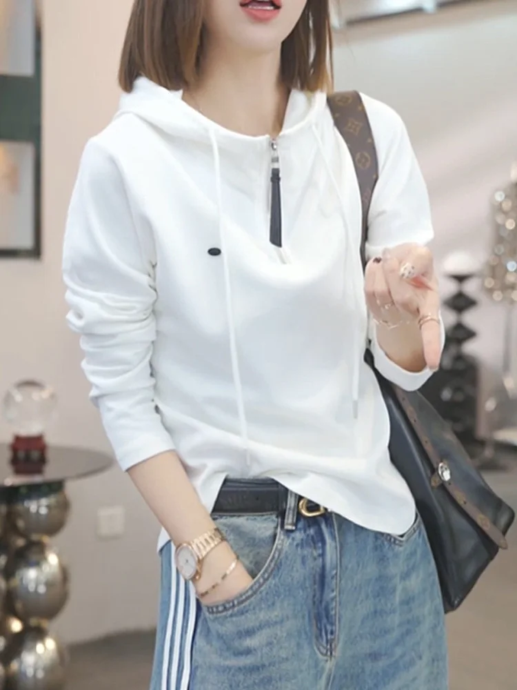 

Fashionable Casual Hoodie Women's Half Zip Design Thin Sweatshirt Autumn New Arrival Elegant Style Streetwear Short Length